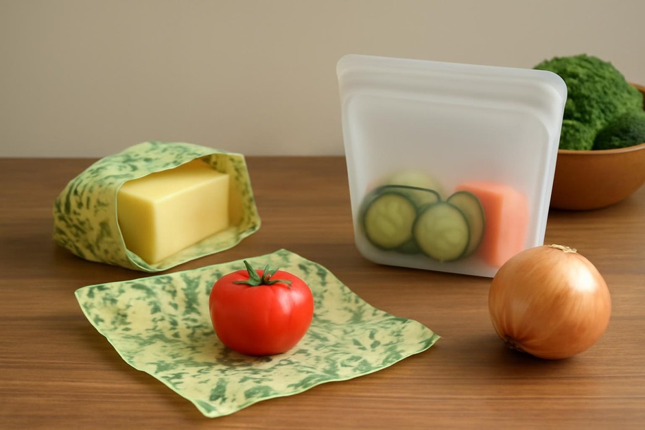 Beeswax wraps and silicone bags on a wooden counter with produce