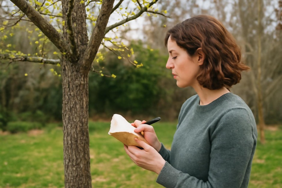 Person looking at a tree and taking notes in a small journal